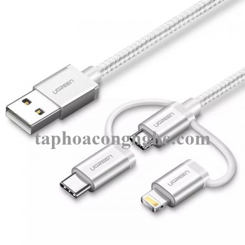 Ugreen 30460 0.5M màu Trắng Cáp sạc đa năng USB sang TypeC + Micro + Lightning US186 30030460